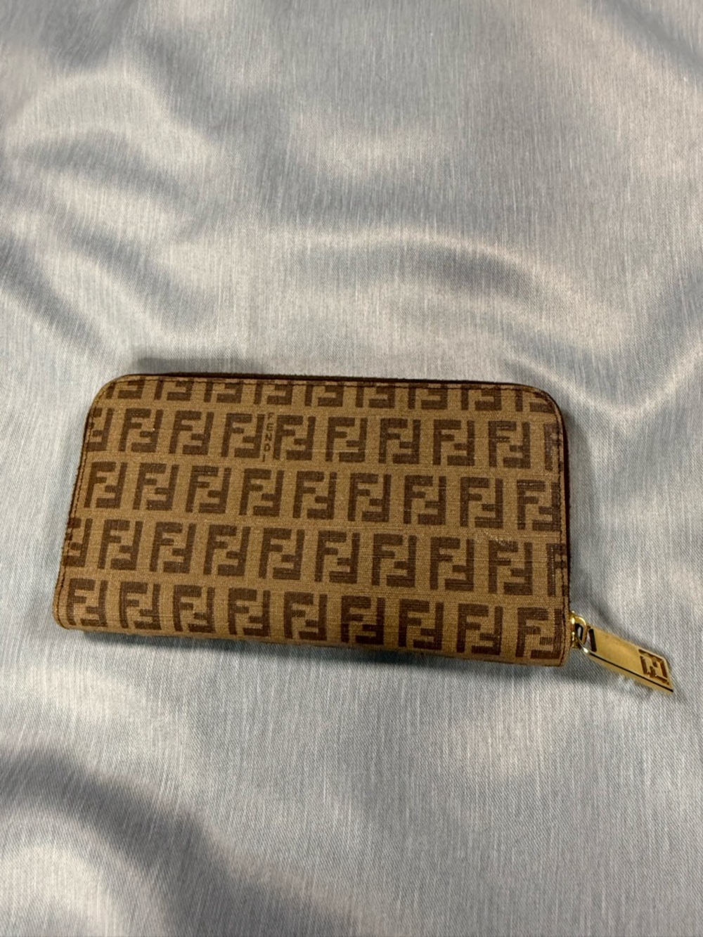 Fendi Brown Monogram Zip Wallet with Gold-Tone Logo Pull